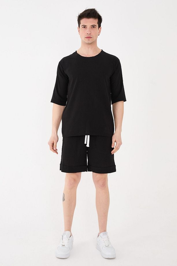 %100 Pamuk Şile Bezi Relaxed Fit Unisex Kısa Siyah Şort - 3