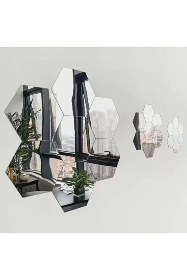 Set of 8 self-adhesive decorative mirrors made of plexiglass, hexagonal shape, diameter 15 x 13 cm - 1