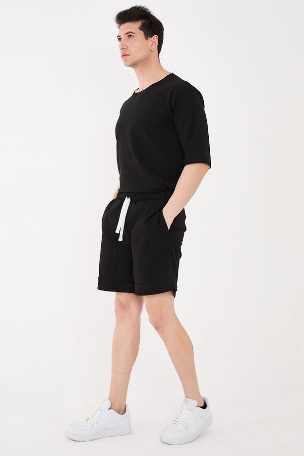 %100 Pamuk Şile Bezi Relaxed Fit Unisex Kısa Siyah Şort - 7