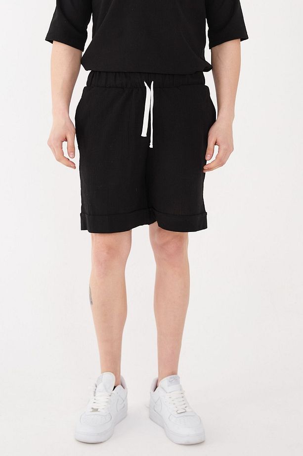%100 Pamuk Şile Bezi Relaxed Fit Unisex Kısa Siyah Şort - 9