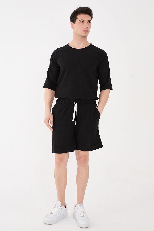 %100 Pamuk Şile Bezi Relaxed Fit Unisex Kısa Siyah Şort - 8