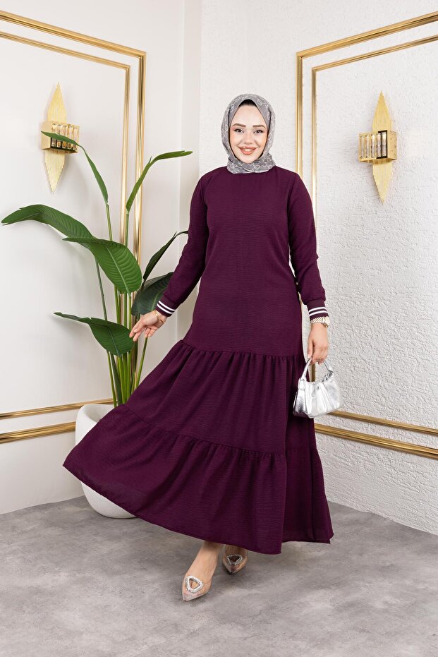 Women's Layered Ribbed Purple Hijab Dress
