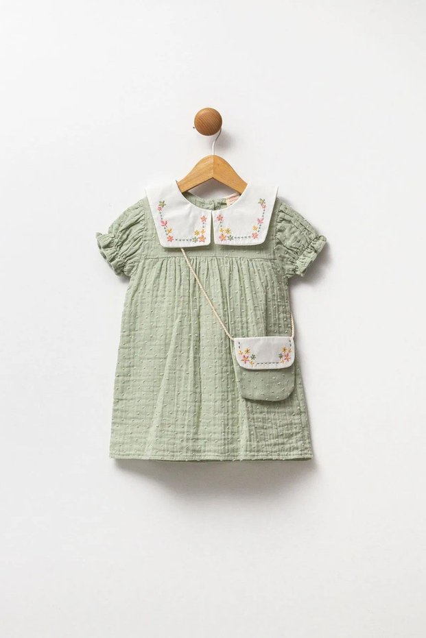 Girl's Cotton Muslin Floral Embroidered Shirt Collar Bag Dress