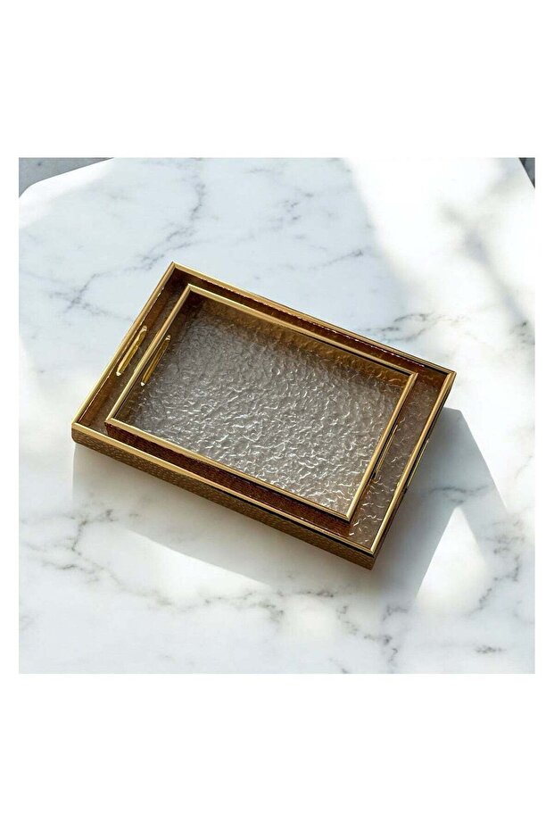 Set of Two Rectangular Glass Wooden Serving Trays with Decorative Design - 1