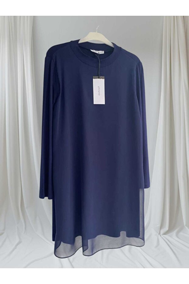 Women's Dark Blue Crew Neck Long Sleeve Chiffon Detailed Underwear-Tunic 10269