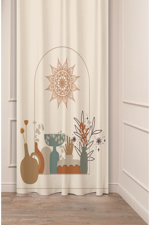 Minimalist Soft Plain Pastel Leaf Bohemian Special Design Digital Printed (Single Wing) Beige Cream Background Curtain