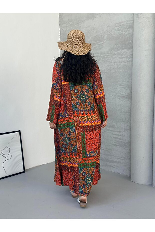 فستان طويل منقوش باتشورك برتقالي - 4