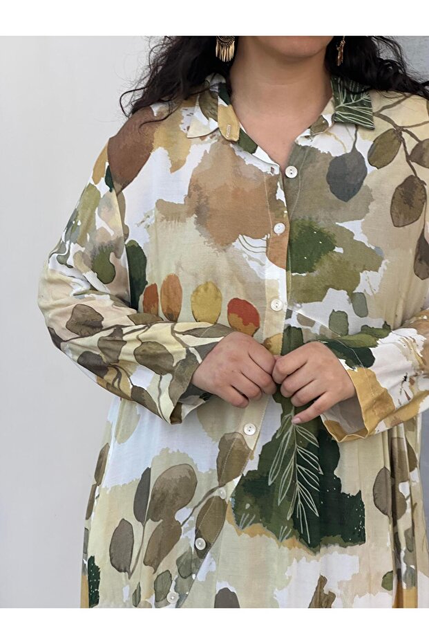 فستان مرقع بنمط أوراق الشجر باللون الأخضر - 2