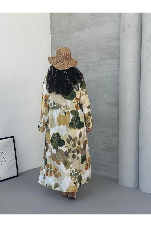 فستان مرقع بنمط أوراق الشجر باللون الأخضر - 3