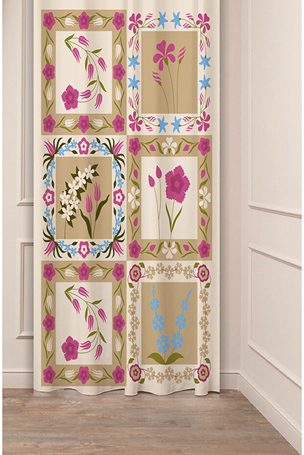 Ethnic Anatolian Motif Flower Pastel Bohemian Special Design Digital Printed (Single Wing) Beige Cream Background Curtain