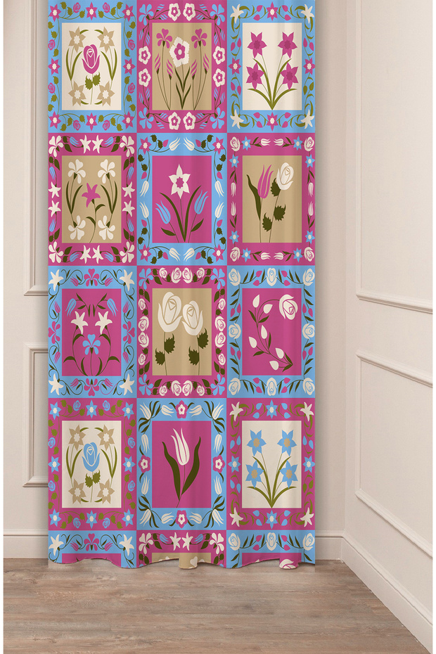 Ethnic Anatolian Motif Flower Pastel Bohemian Special Design Digital Printed (Single Wing) Beige Cream Background Curtain