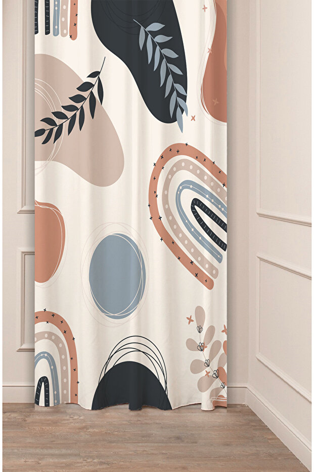 Minimalist Soft Plain Pastel Leaf Bohemian Special Design Digital Printed (Single Wing) Beige Cream Background Curtain