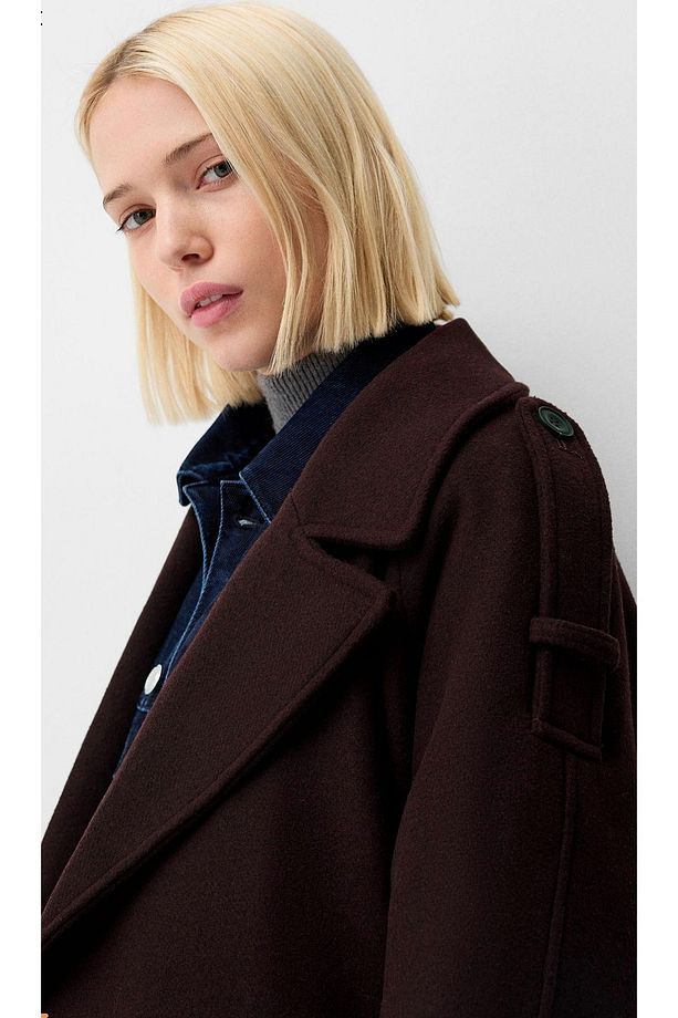 Allbucks Bersh-ka Bordo Oversize Yün Içerikli Kaşe Trençkot Kaban Abbrs1009 - 4
