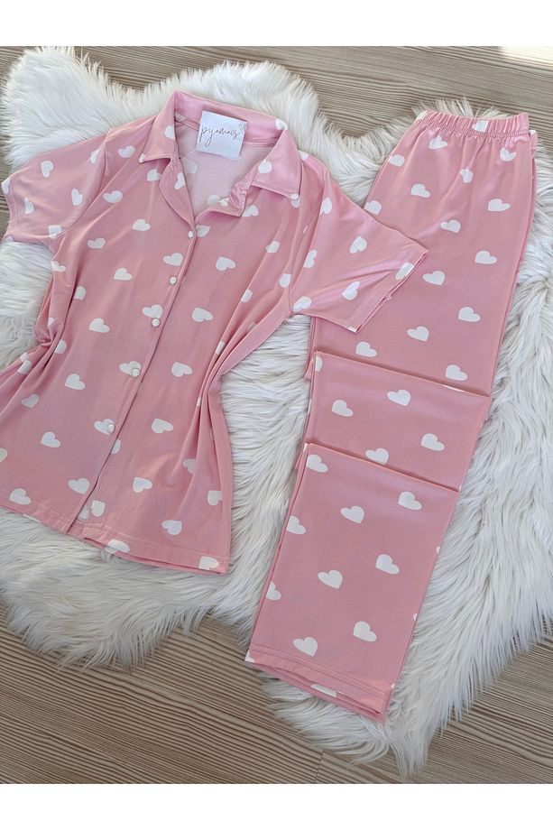 Pembe Kalp Desenli Kısa Kol Milan Pijama Takımı - 7