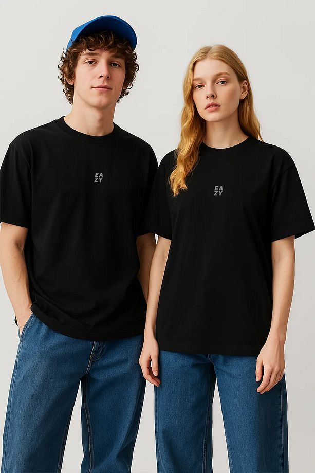 Eazy Basic Siyah Unisex Kabartma Baskılı Extra Oversize Kısa Kollu T-shirt - 1