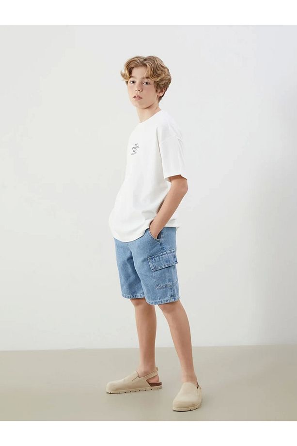 LCW Kids Indigo Beli Lastikli %100 Pamuk Erkek Çocuk Kargo Jean Şort - 1