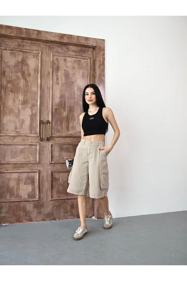 Bej Bermuda Baggy Cargo Kadın Jean Şort - 2