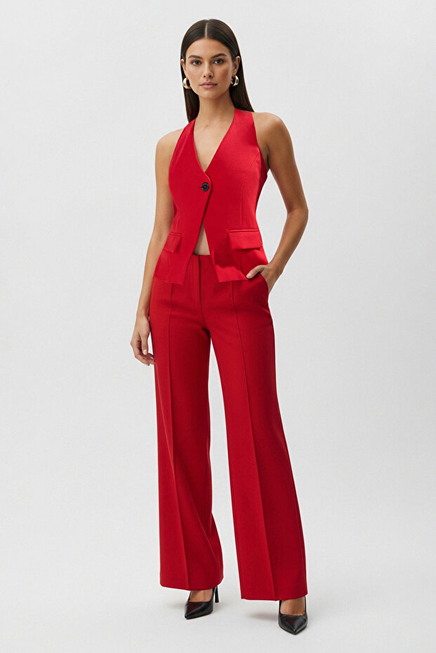 Kırmızı Regular Regular Halter Yaka Tek Düğmeli Yelek TWOSS25YE00087 - 4