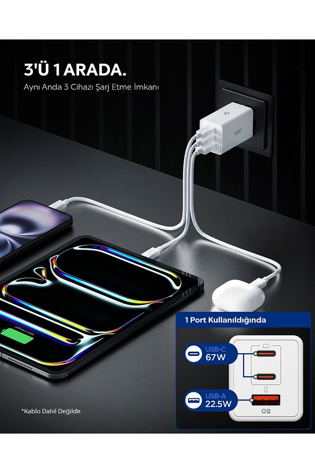 67W USB-C + USB-A 3 Port Hızlı Şarj Aleti Samsung PPS 2.0 GaN Pro Destekli Type-C White - ACH08710 - 3