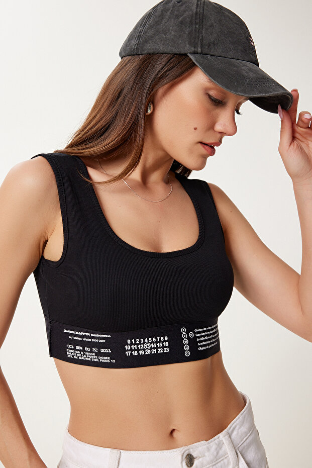 Kadın Siyah Baskılı Lastik Detaylı Fitilli Spor Sütyeni US00968 - 3