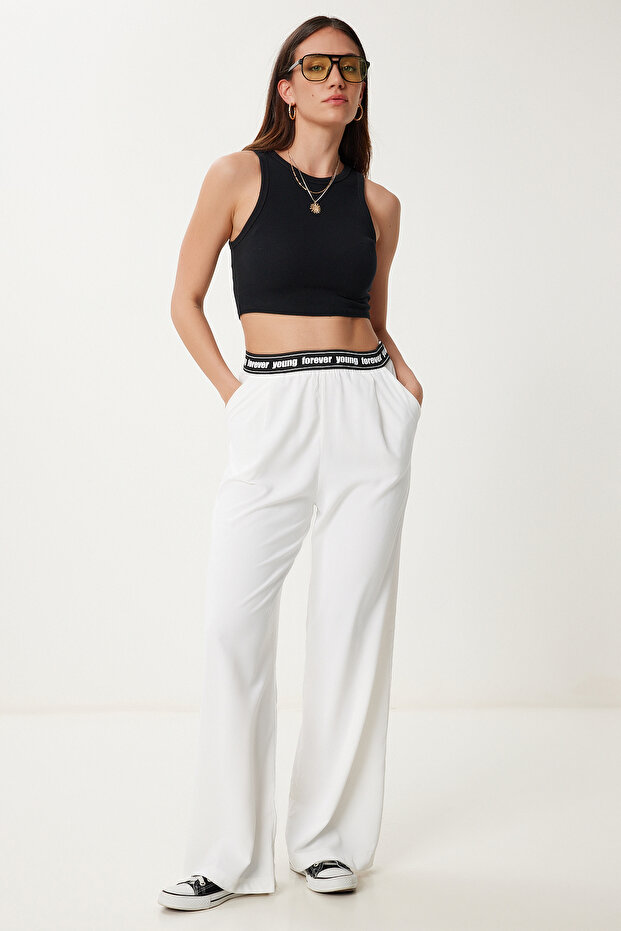 Women's Ecru Draped Wide Leg Summer Pants Us00994