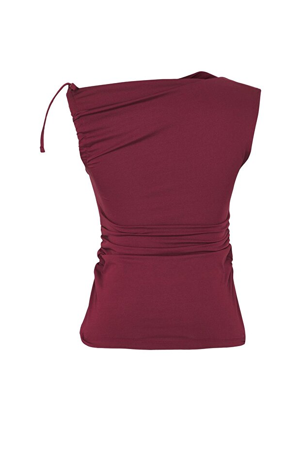 Bordo Fİtted Bağlama ve Büzgü Detaylı Kolsuz Esnek Örme Bluz TWOSS25BZ00549 - 6