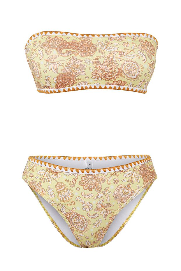 Şal Desen Nakışlı Straplez Kaplı Regular Normal Bel Bikini Takımı TBESS25BT00138 - 7