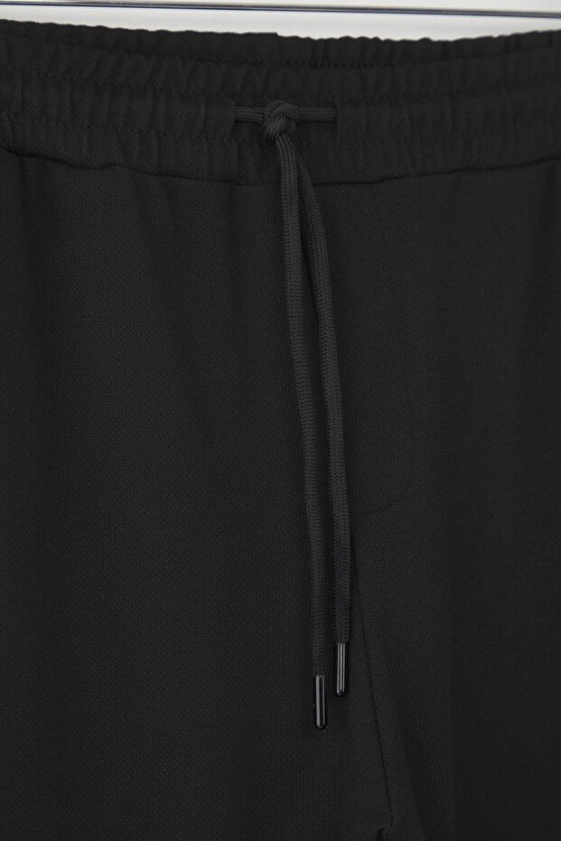 Siyah Regular Fit Örme Esnek Rahat Beli Bağlamalı Lastikli Duble Paça Pantolon TMNAW25PL00002 - 7