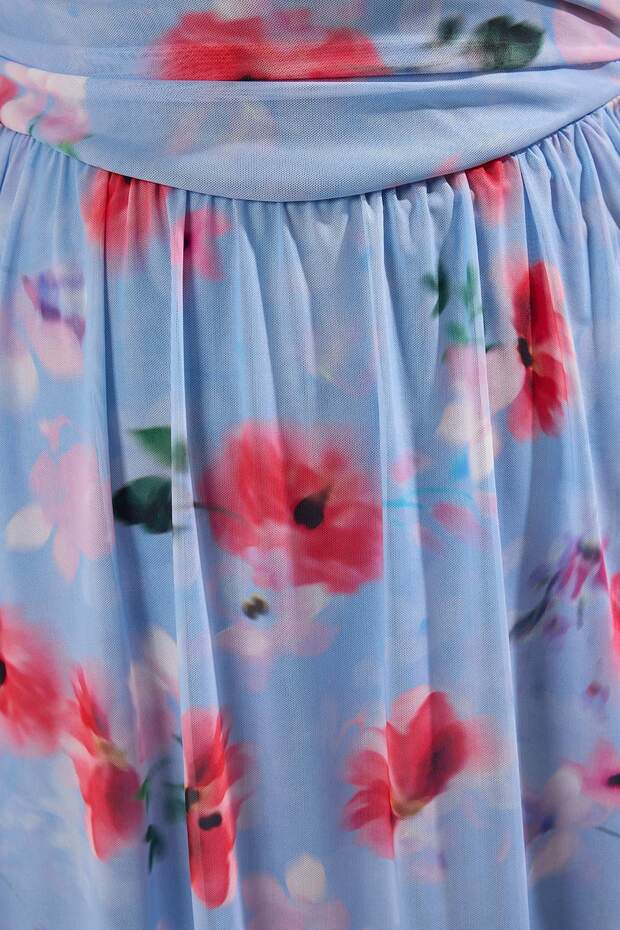 Çok Renkli Kruvaze Yaka Çiçek Desenli Tül Skater Mini Örme Büyük Beden Elbise TBBSS25AH00193 - 3