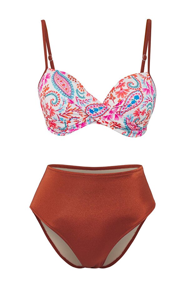 Çiçek Desenli Balconette Kaplı Regular Yüksek Bel Bikini Takımı TBESS25BT00124 - 5