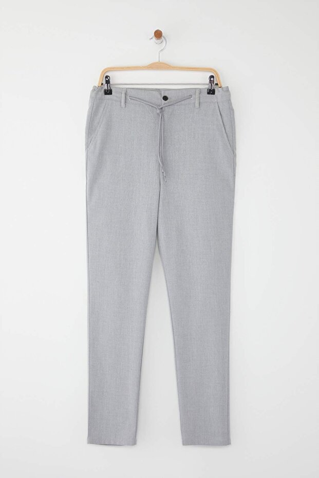 Açık Gri Slim Fit Beli Bağlama Detaylı Lastikli Kumaş Dokuma Pantolon TMNAW25PL00027 - 6