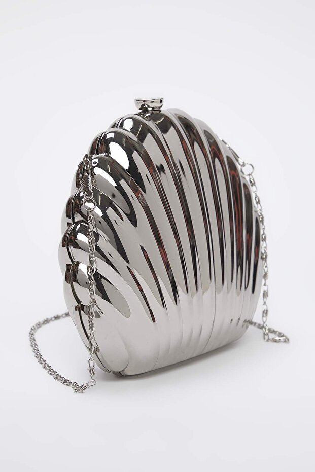 Metalik Gümüş Deniz Kabuğu Abiye Kadın Şık Mini Boy Clutch El Çantası TAKSS25OC00063 - 2