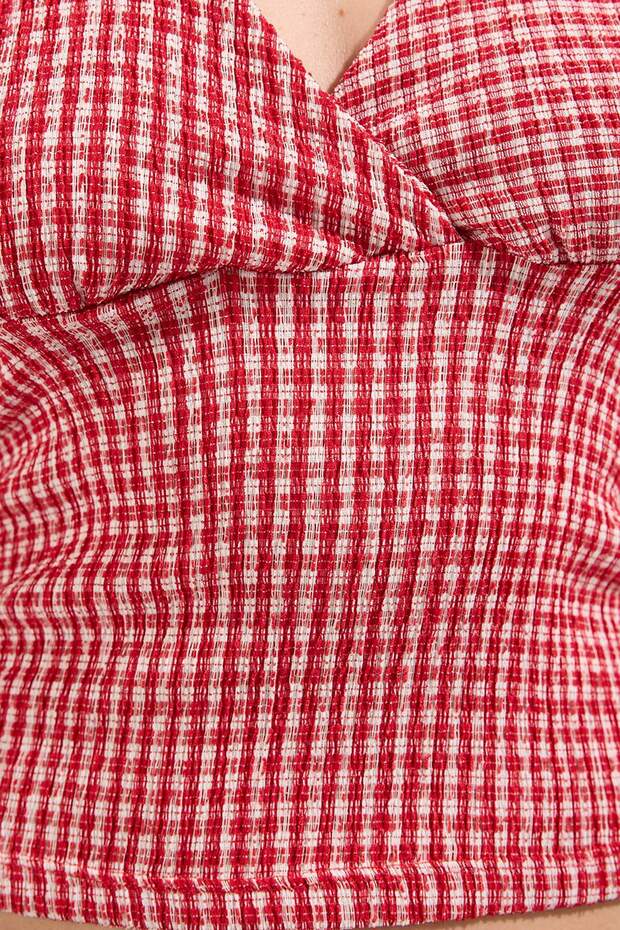 Kırmızı Pöti Kare Boyundan Bağlamalı Fitted Esnek Örme Bluz TWOSS25BZ00565 - 7