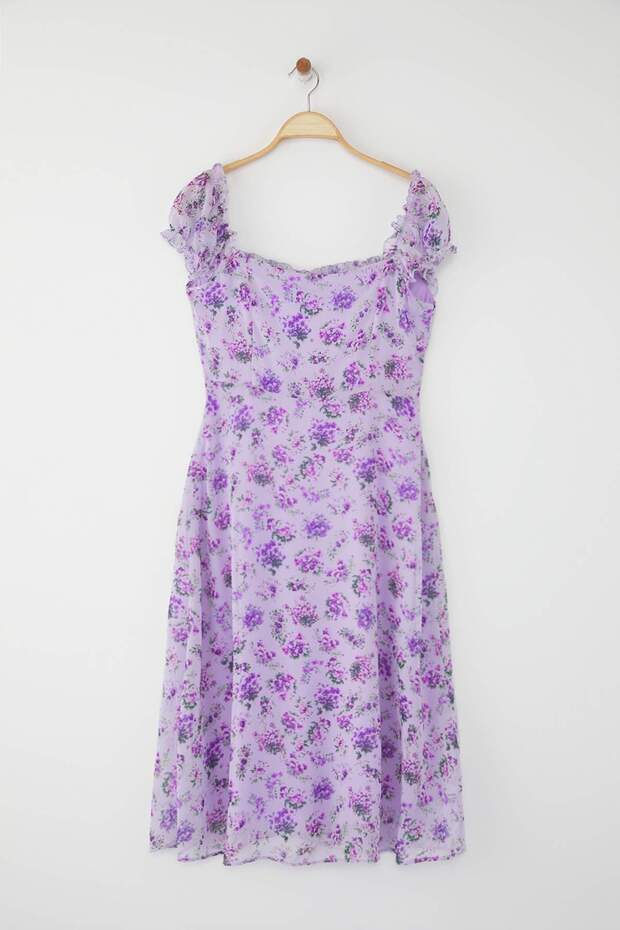 Lila Çiçekli Astarlı Şifon Uçuş Uçuş Dokuma Midi Gömlek Elbise TWOSS25EL00563 - 6