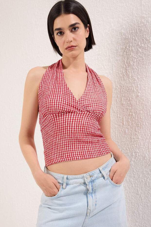 Kırmızı Pöti Kare Boyundan Bağlamalı Fitted Esnek Örme Bluz TWOSS25BZ00565 - 4