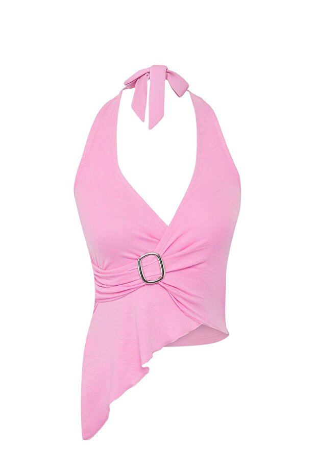 Açık Pembe Kruvaze Yaka Aksesuar Detaylı Örme Party Bluz TPRSS25BZ00048 - 6