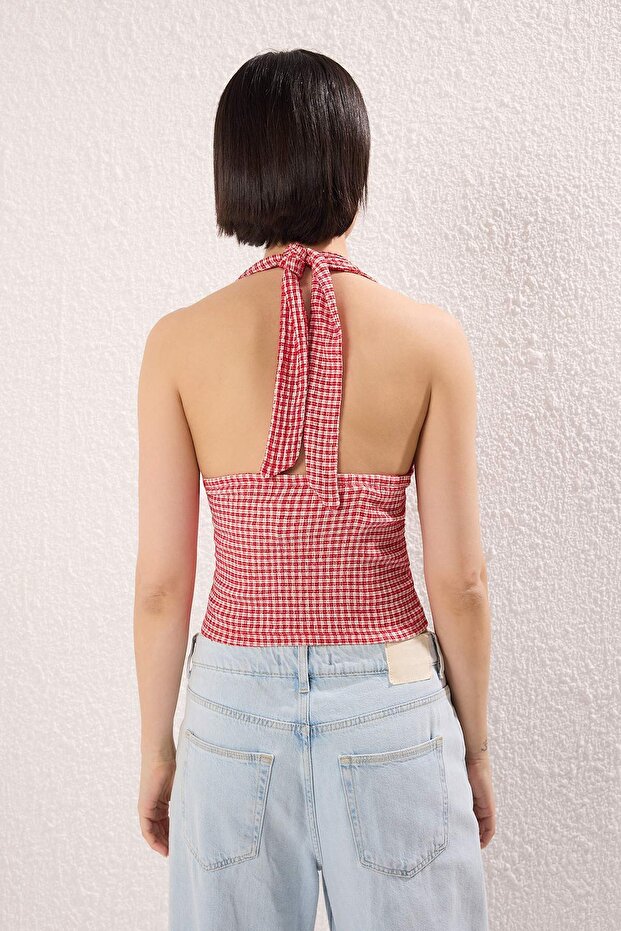 Kırmızı Pöti Kare Boyundan Bağlamalı Fitted Esnek Örme Bluz TWOSS25BZ00565 - 8