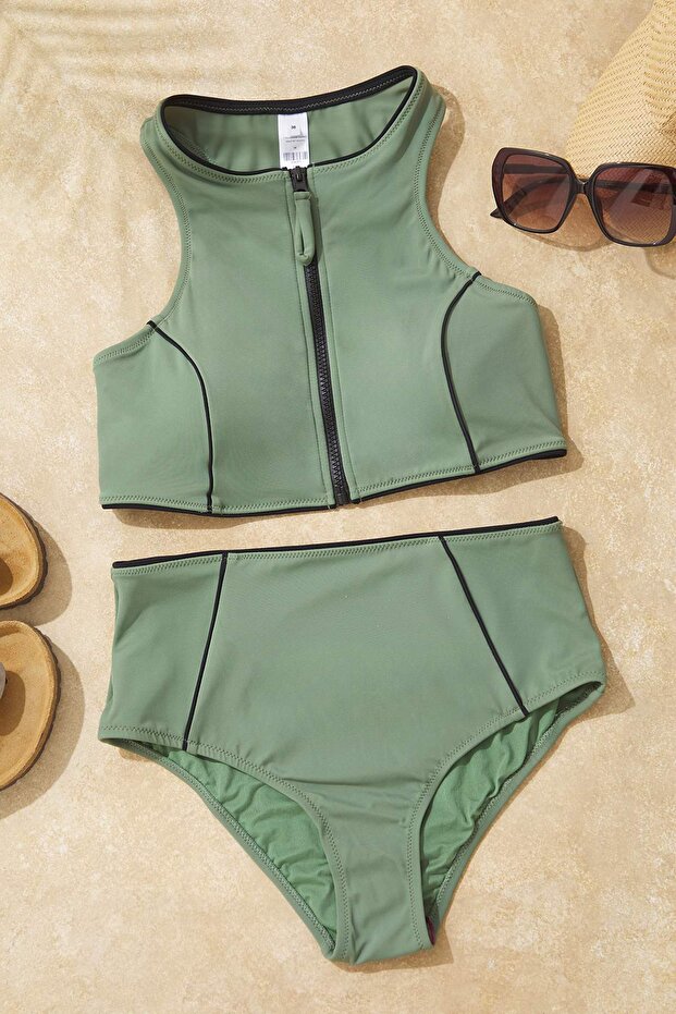 Haki Fermuarlı Halter Yaka Kaplı Hipster Yüksek Bel Bikini Takımı TBESS25BT00090 - 1