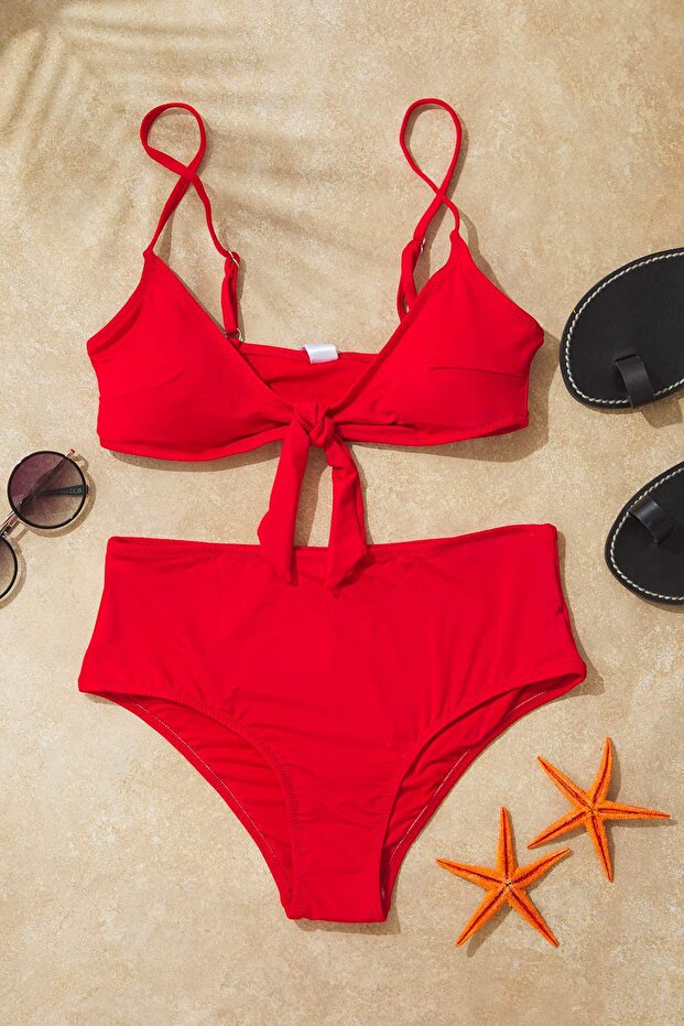 Kırmızı Bağlamalı Bralette Kaplı Regular Yüksek Bel Bikini Takımı TBESS25BT00186 - 1