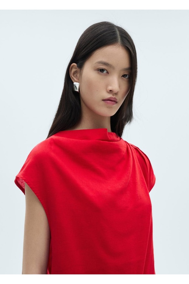 Yakası drape keten elbise - 7