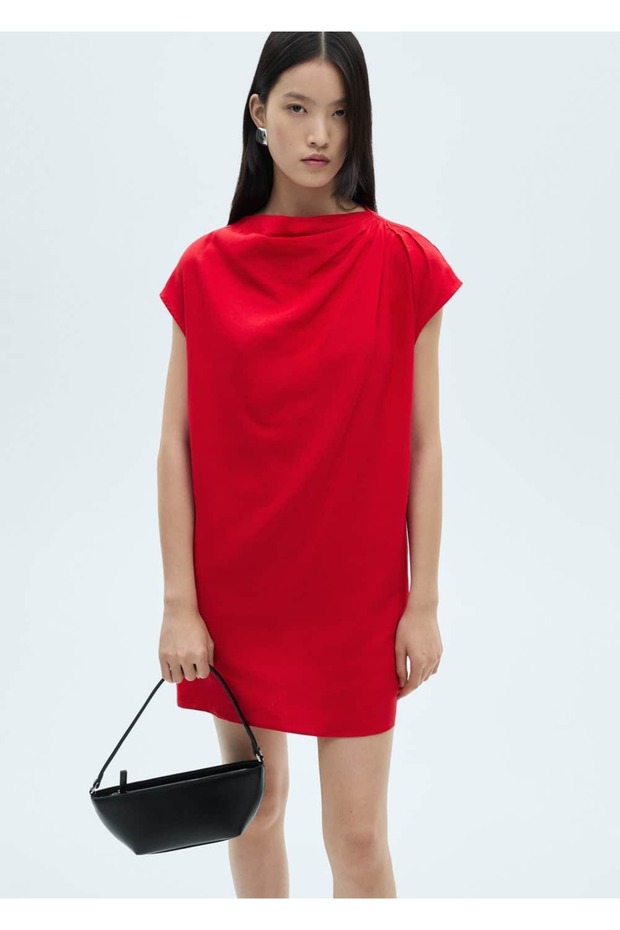 Yakası drape keten elbise - 1