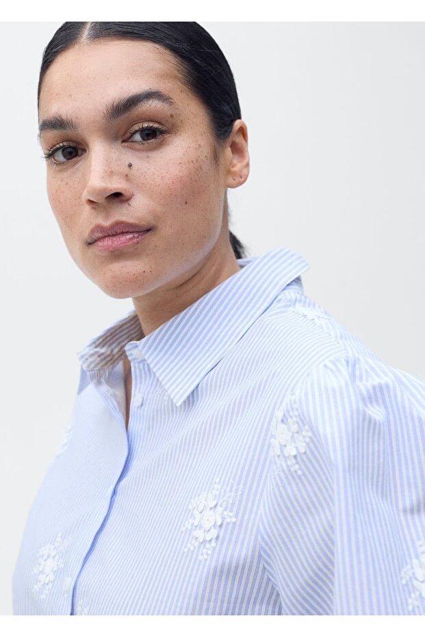 Çiçek işlemeli çizgili gömlek - 5