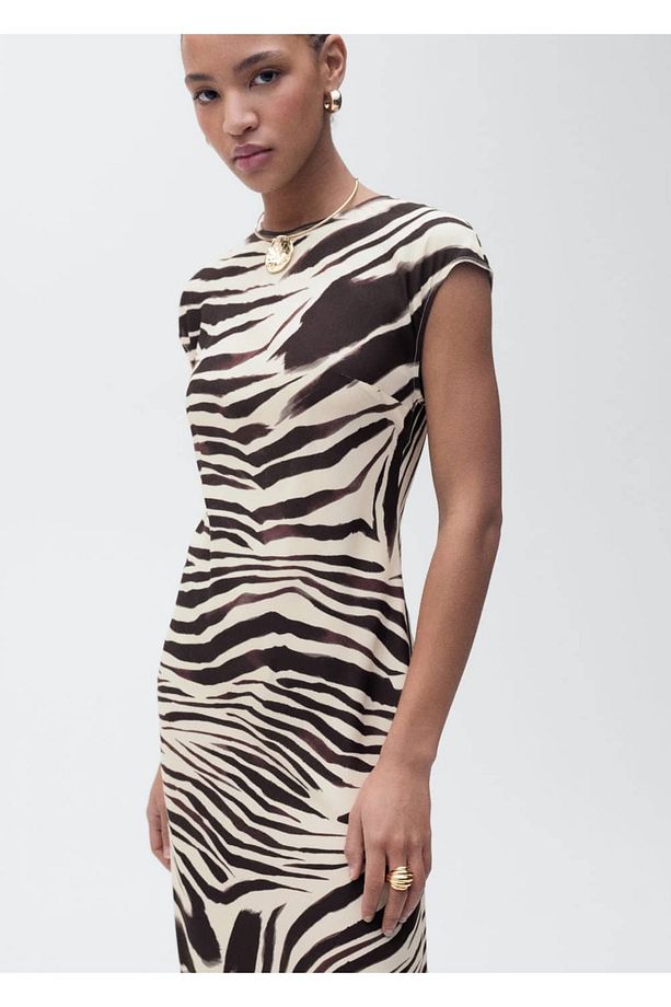 Zebra desenli midi elbise - 1