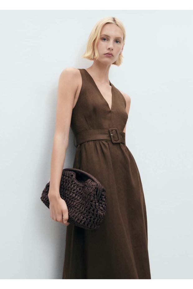 Kemerli keten elbise - 1