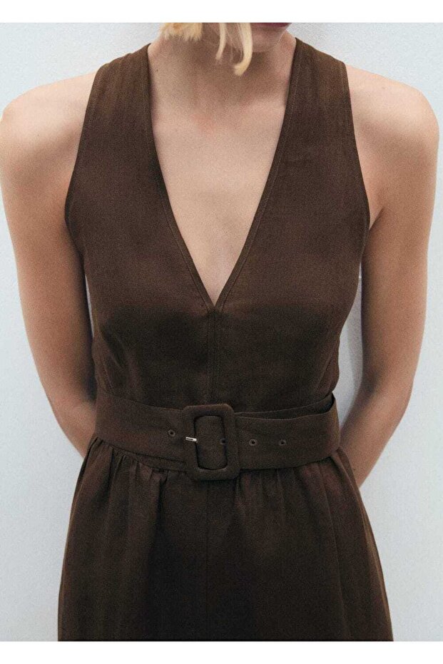 Kemerli keten elbise - 8