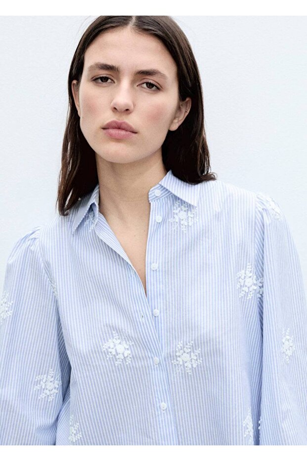 Çiçek işlemeli çizgili gömlek - 8