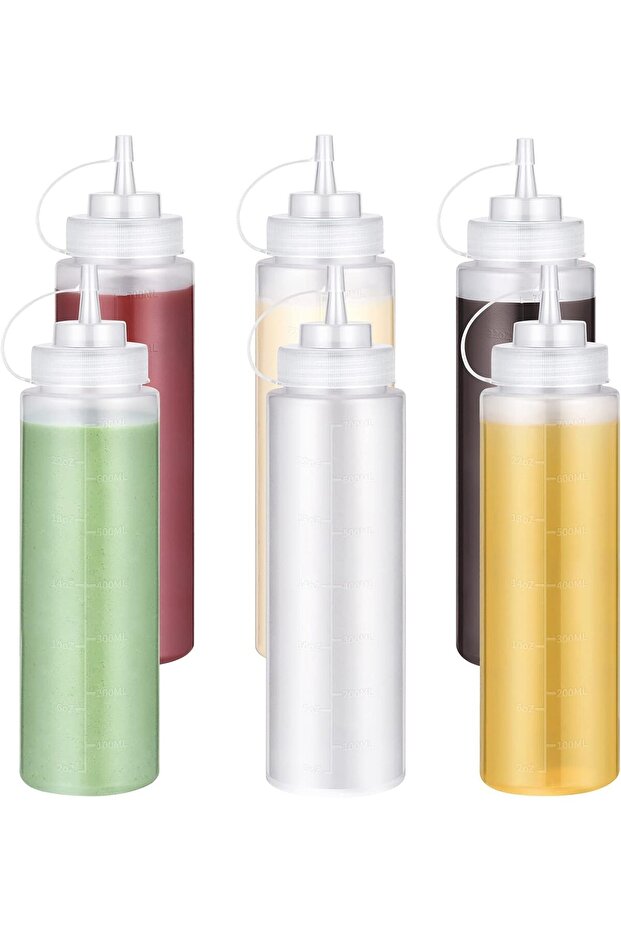 Set of 6 800ml Squeeze Bottles with Screw Caps and Measurement Marks - Leak-proof Reusable Dispenser - 1