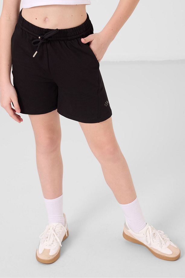 Siyah Pamuklu Yumuşak Dokulu Standart Fit Basic Kız Çocuk Şort Takım - 75184 - 5