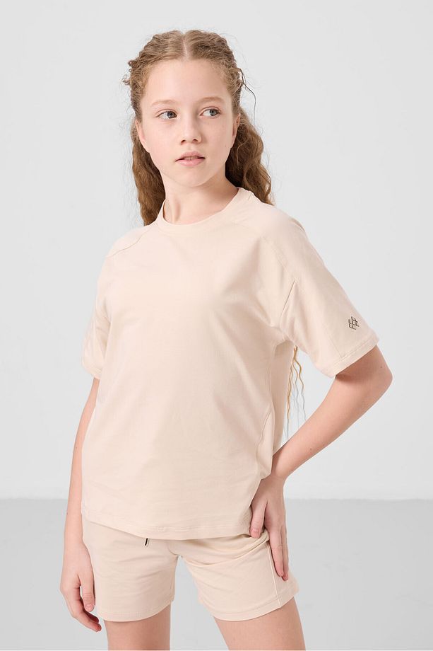 Bej Pamuklu Yumuşak Dokulu Standart Fit Basic Kız Çocuk Şort Takım - 75184 - 6