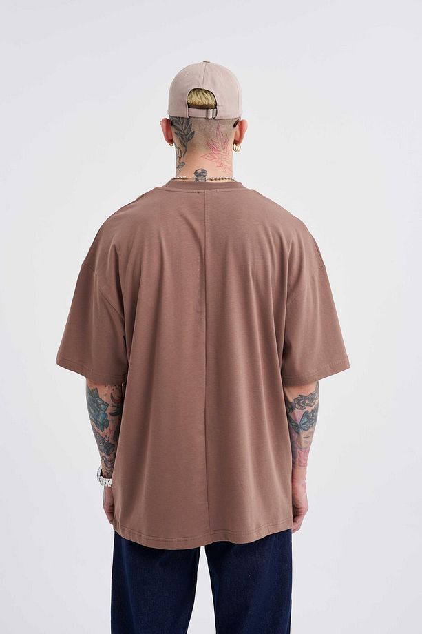 Erkek Basic Super Pamuklu Oversize Kakao Tişört - 4
